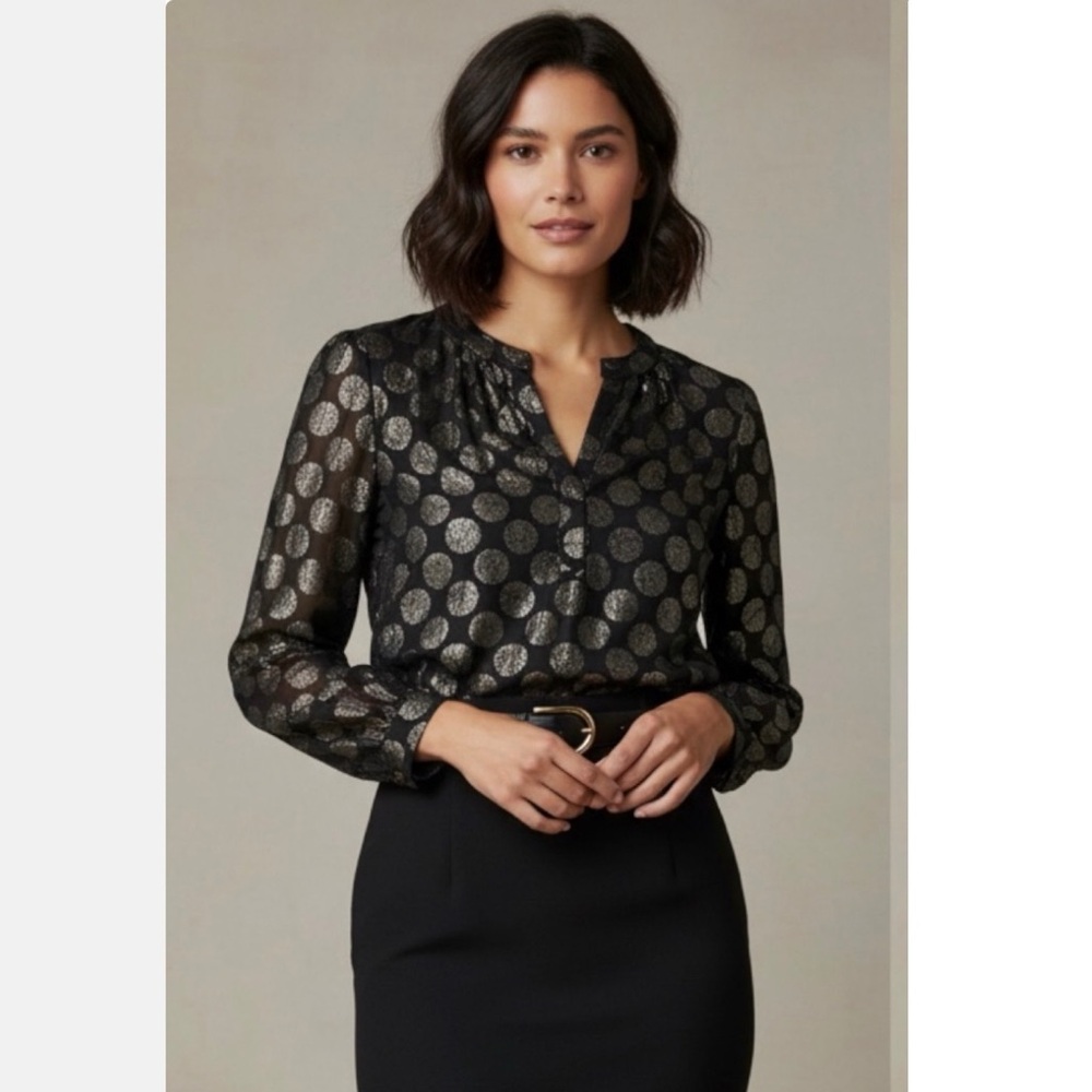 NWT FINLEY Chloe Long Sleeve Blouse Luxe Dot Black Gold Metallic Small